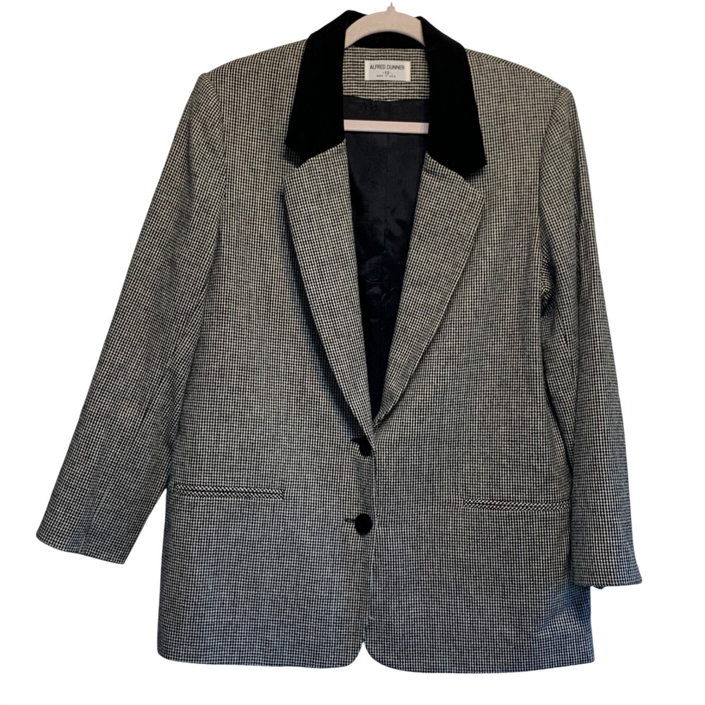 Alfred Dunner Blazer 12 Wool Blend Houndstooth Velvet Collar Vintage Made in USA
